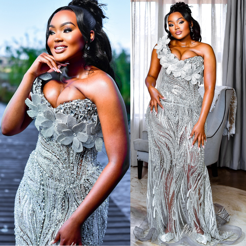 Plus Size Silver Prom Dress 2026 Robe De Sorrie Mermaid Evening Dresses One Shoulder Flora Pearls Beaded Lace Crystals Birthday Dress Second Recepti