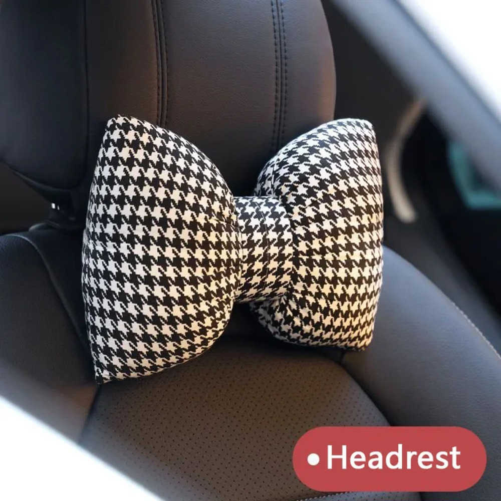 Houndstooth Car Seat Covers Car Headrest Neck Pillow Cute Bow Seat Lumbar Support Cushion Auto Interior Head Neck Waist Pillow Pad J260919