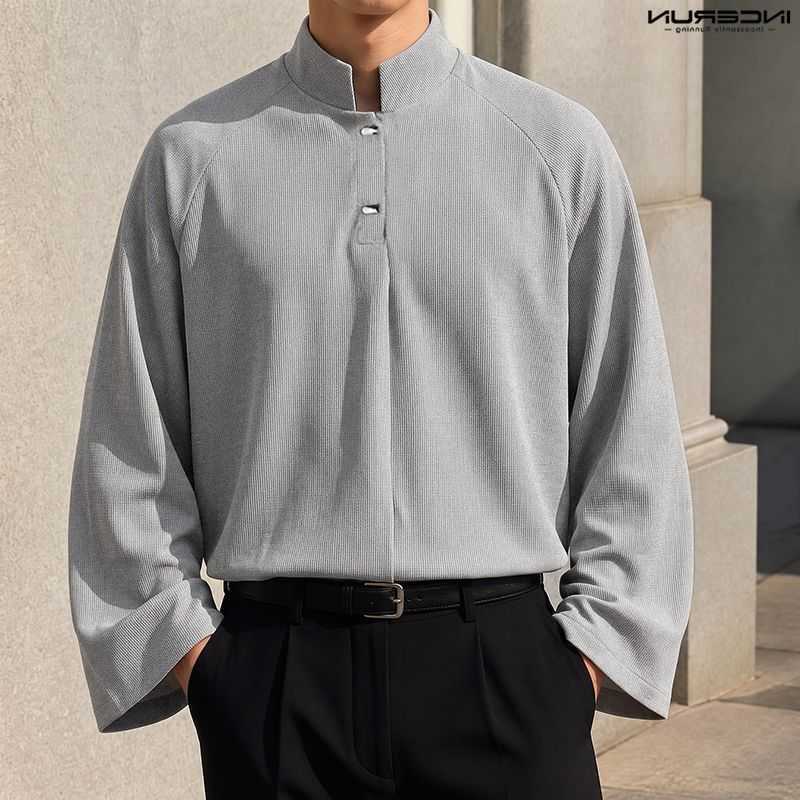 Men's Men's Casual Shirts INCERUN Shirt Solid Stand Collar Long Sleeve Loose Men Clothes Spring Autumn Streetwear Fashion Casual Tops For