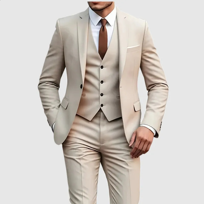 Abito beige da uomo Smoking da lavoro formale 3/2/1 pezzo Abito monopetto Sposo Groomsman Prom Festa di nozze 260918