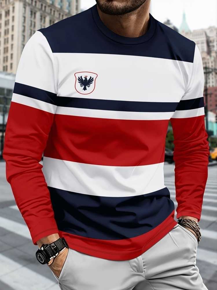 New Men's Casual Shirts 2025 Men's Casual Long-sleeved Striped and Eagle Emblem Breathable Round-neck Long-sleeved T-shirt Multi-functiona