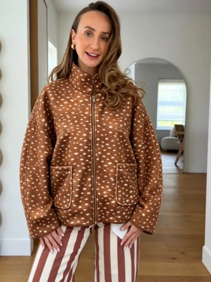 Women Deer Spot Print Zip Up Jacket Stand Collar Long Sleeve Loose Cropped Outerwear Vintage Autumn Winter Daily Street Wear 260920