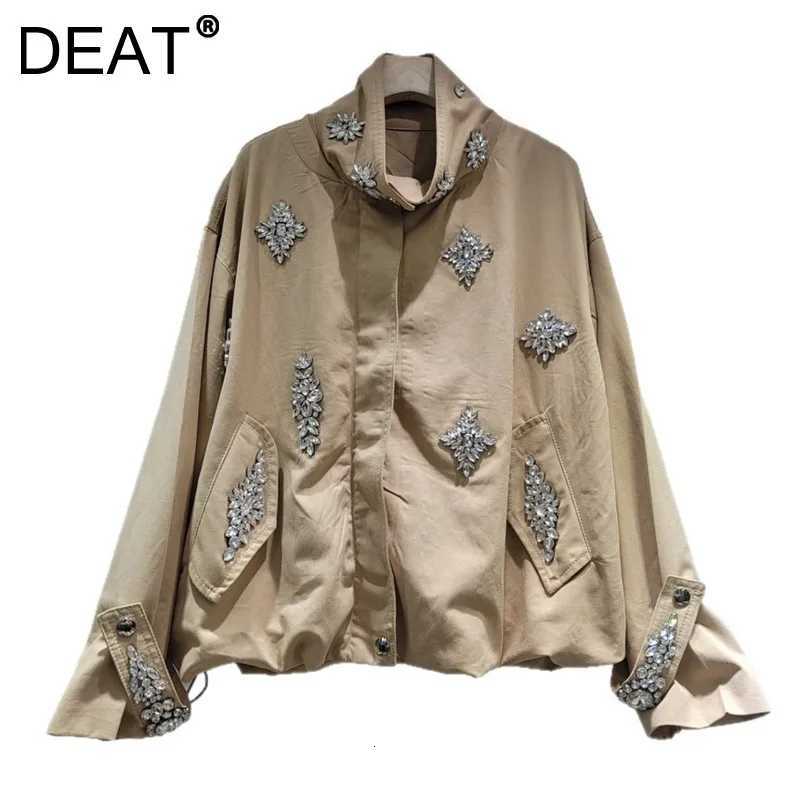 Jackets DEAT Women's Coat Women's Loose Khaki Stand-up Collar Zipper Long Sleeve Diamonds Drawstring Jackets 2026 Spring Fashion 29A4829 C