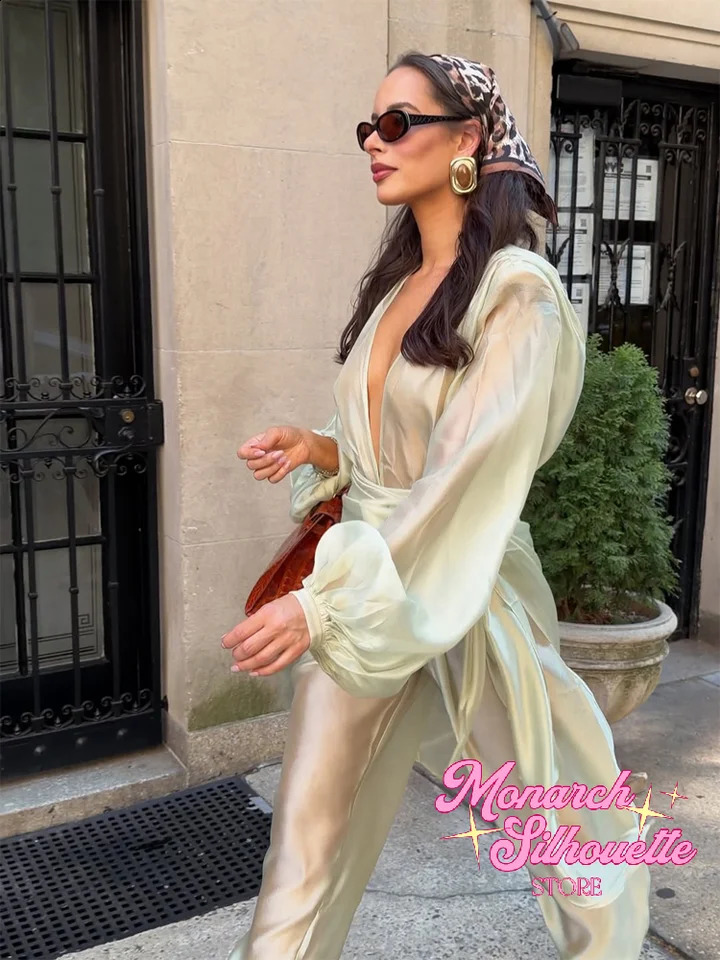Light Green V-neck Loose Fit Jumpsuit Women Casual Lantern Long Sleeves Lace Up Square Scarf Wear Vacation Party Outfit 260918