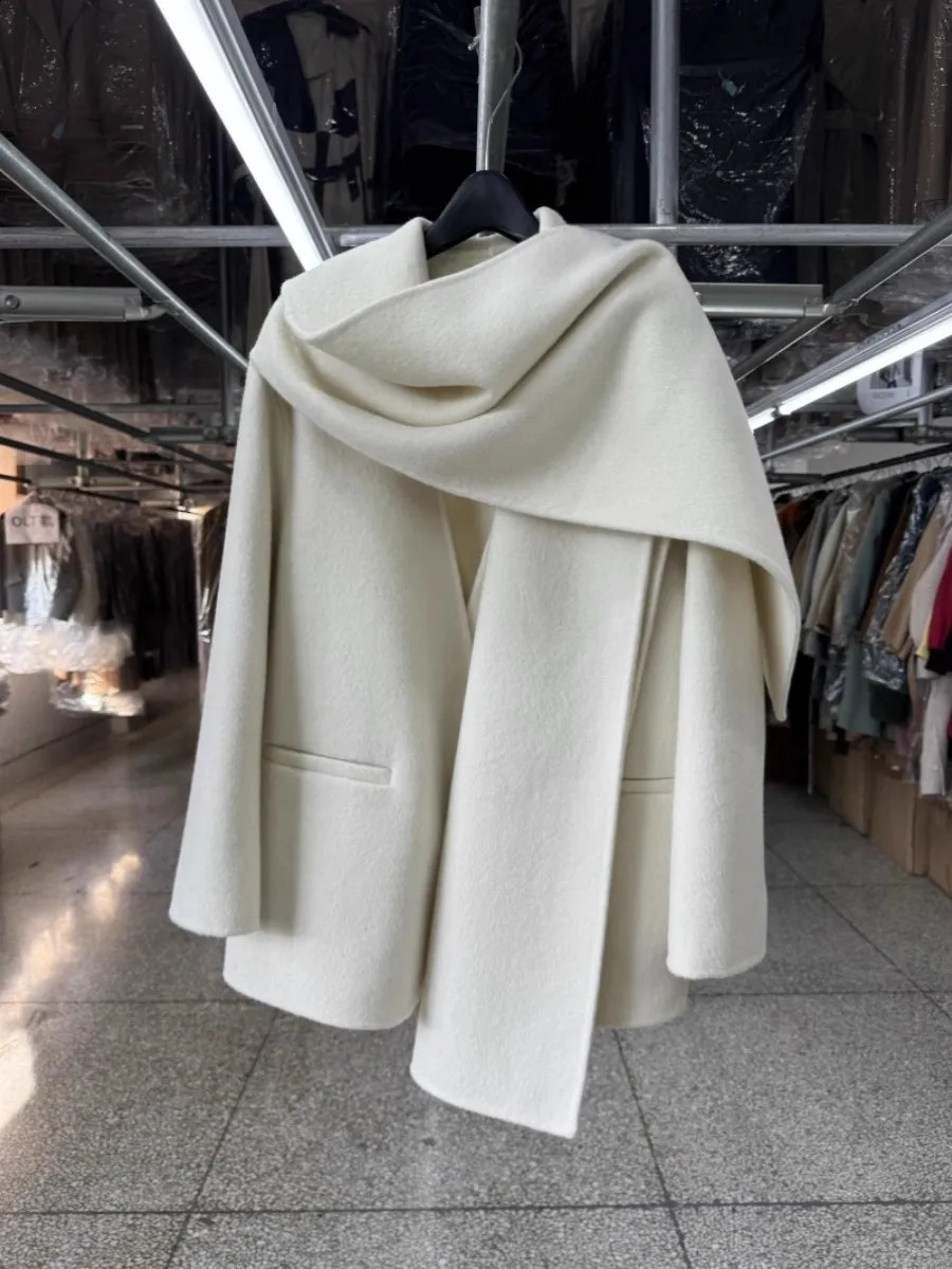 Scarf Collar 100%Wool Coat Women Korean Fashion Elegant Outerwear Loose Autumn Winter Jacket 260921