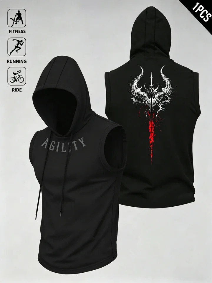 Mens Spring Summer Sleeveless Hoodie Tank Top Gothic Devil Print Quick Dry Breathable Workout Vest Streetwear Gym 260920