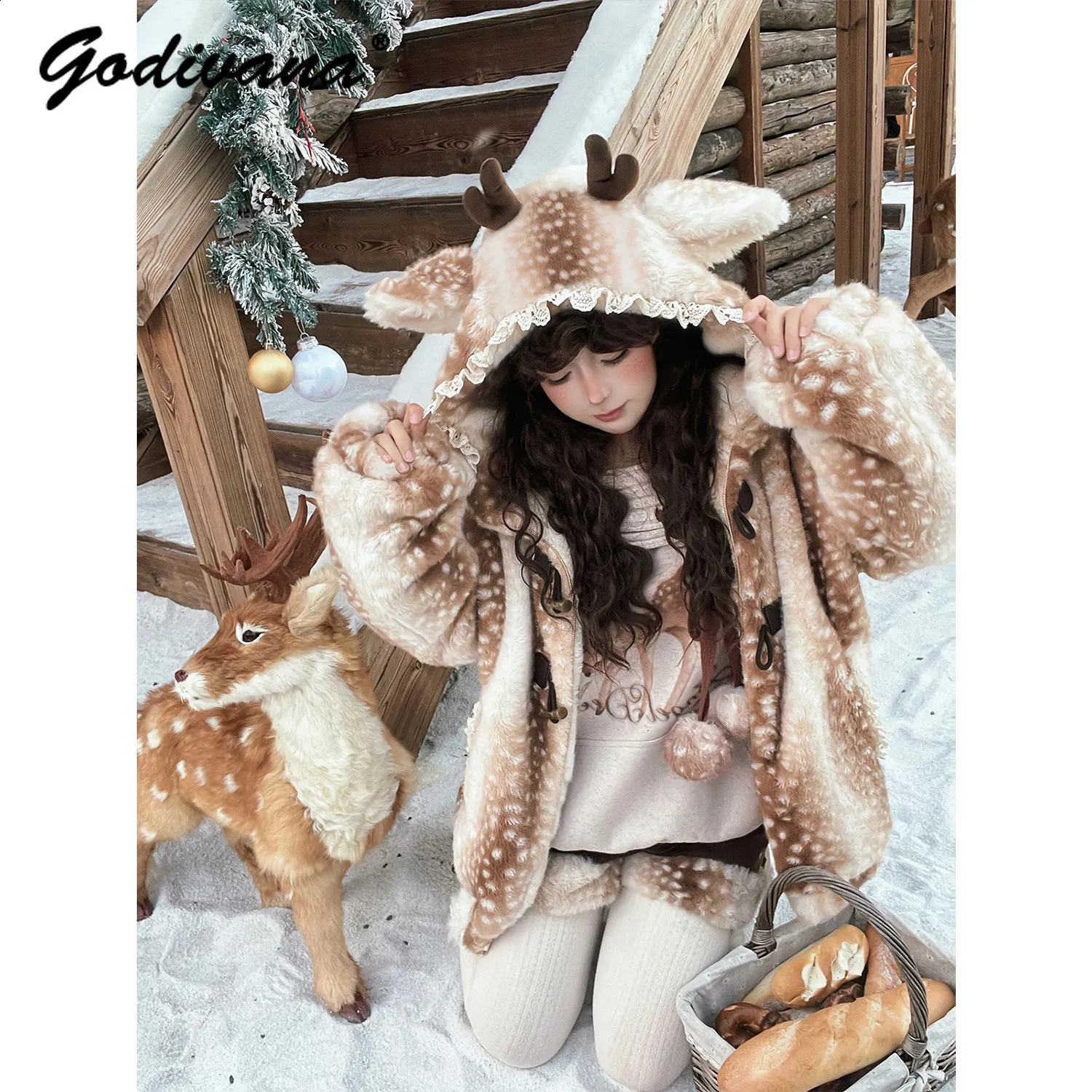 Winter Deer Pattern Sweet Cute Deer Hooded Horn Button Stuffed Fur Coat Outwear Girl Womens Thickened Warm Jacket 260920