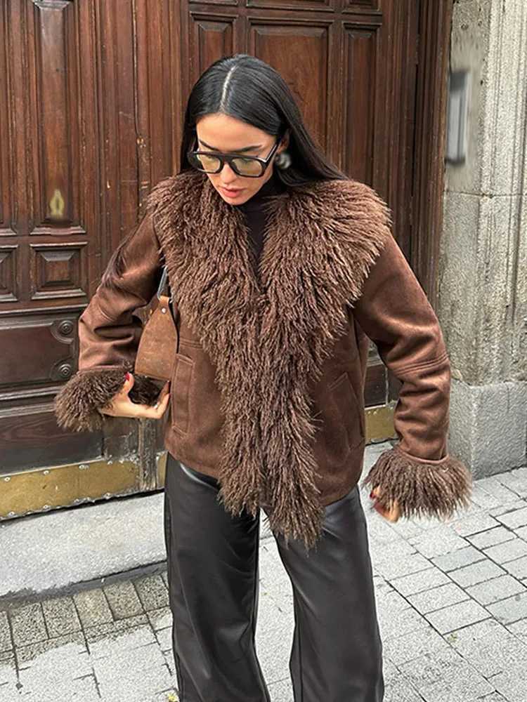 HH 2026 Trendy Woman faux Fur Effect Casual Loose Outwear Women Winter Warm Jacket Solid Long Slve Lapel Pocket Decorate Coat T260829