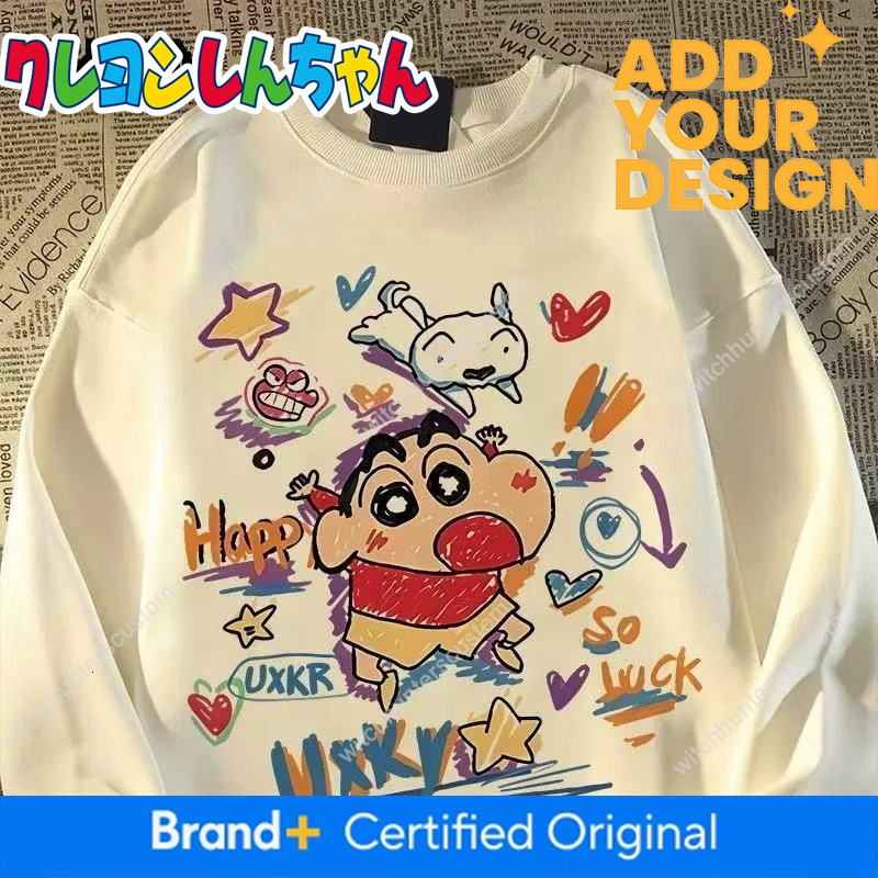 Sudadera de cuello redondo con estampado de Crayon Shin-chan versátil de estilo japonés, unisex, otoño/invierno, con forro polar, holgada, diseño de