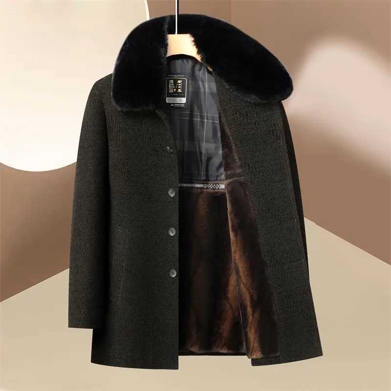 Middle-Aged Men's Wool Blends Winter Woolen Overcoat Men's Mid-Length Dad's Style Chenille Middle-Aged and Elderly Lapel Fleece and T