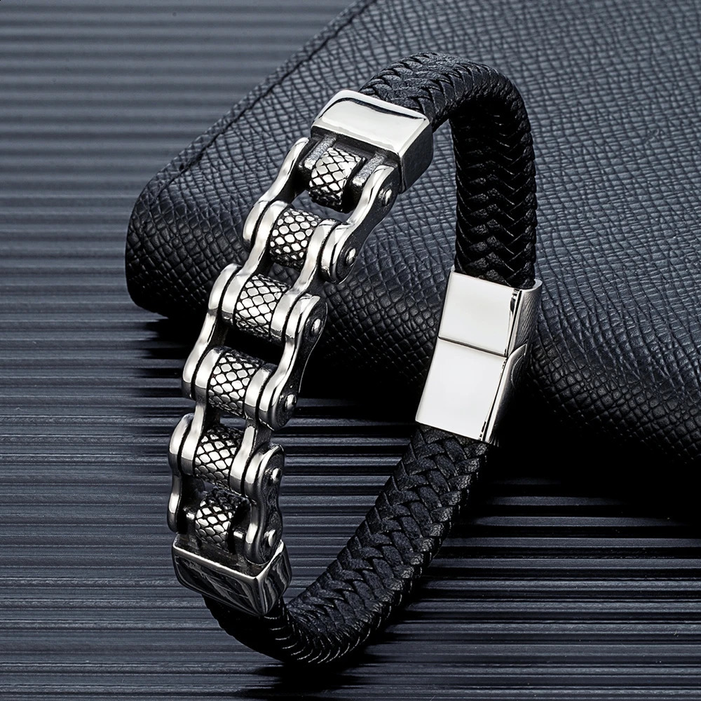 MKENDN Punk Hombres Biker Cadena Trenzada Pulsera de cuero genuino Pulsera de hebilla magnética de acero inoxidable Regalos Homme Pulseras 260920