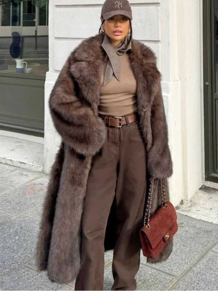 Super 120c Long Winter own Faux Fur Coat Woan Elegant Belted Lapel Thick Fluffy Fur Jacket Coats D260921