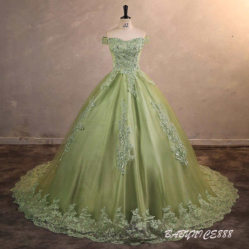 Elegant Green Quinceanera Dresses With Corset Bow Sash Back Ball Gown Off the Shoulder Appliques Teens Evening Party Dress Luxury Lace Prom Gown cus