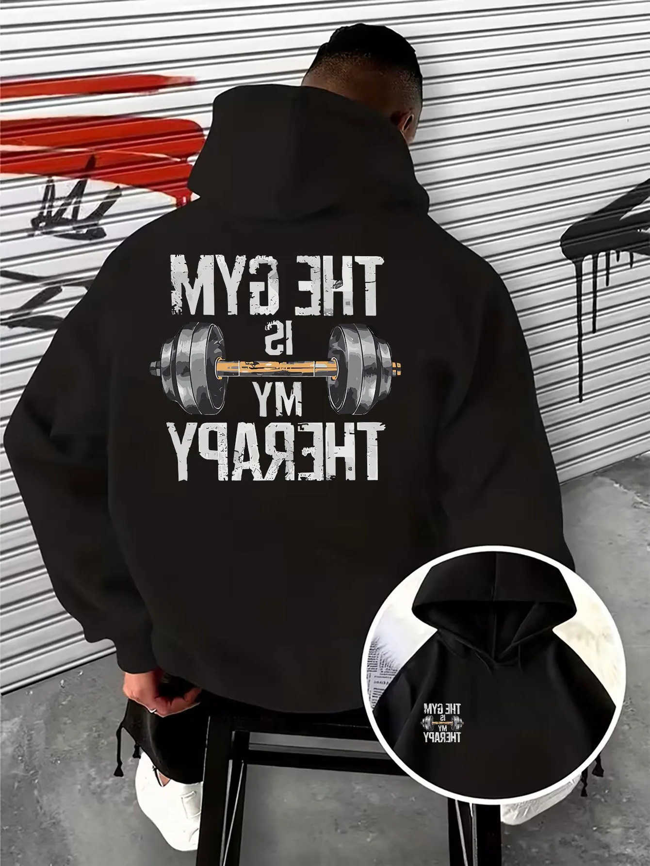 Men Men's Hoodies Bodybuilding Sweatshirts Sports Graphic Hoodie The Gym Is My Therapy Vintage Dumbbell Back Print Pullover Loose Hoodie D26092