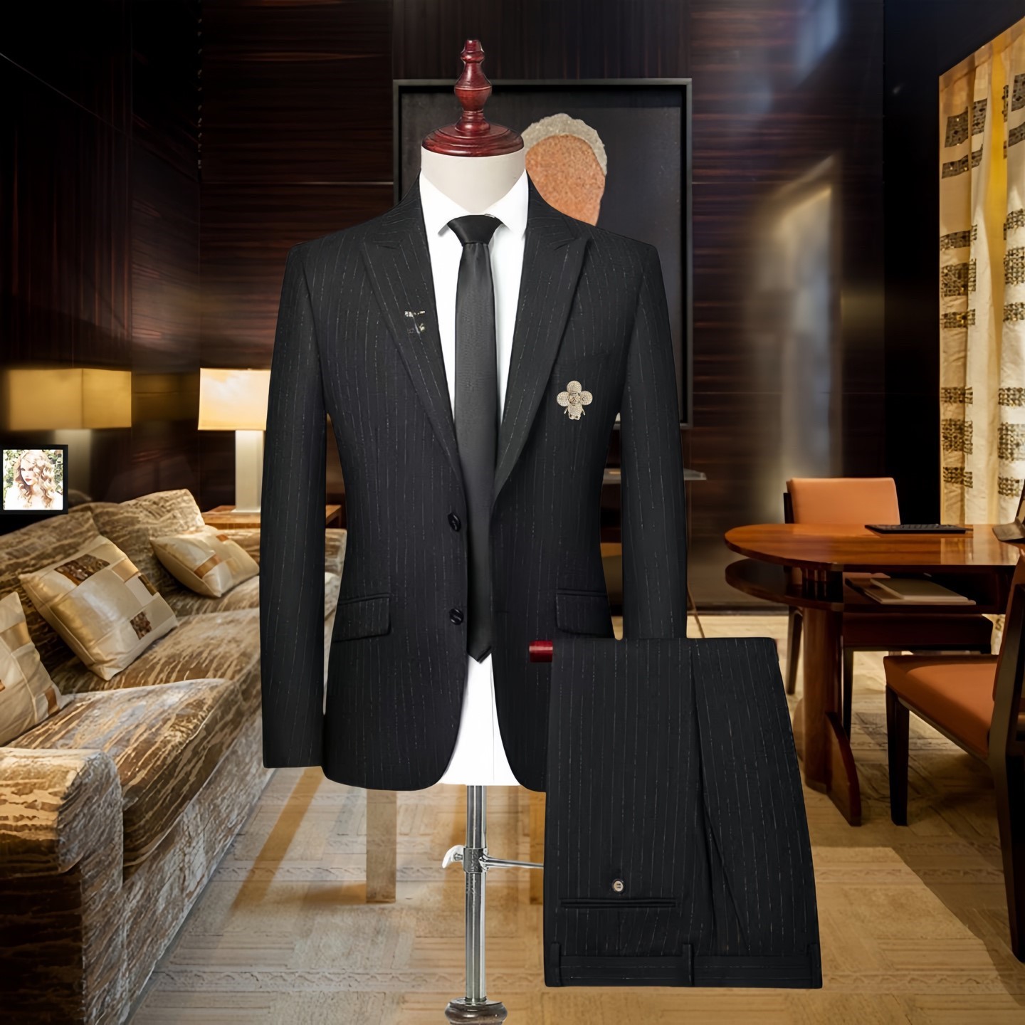Fashionable exquisite three piece set with tie and pocket square business casual wool suit jacket long sleeved top