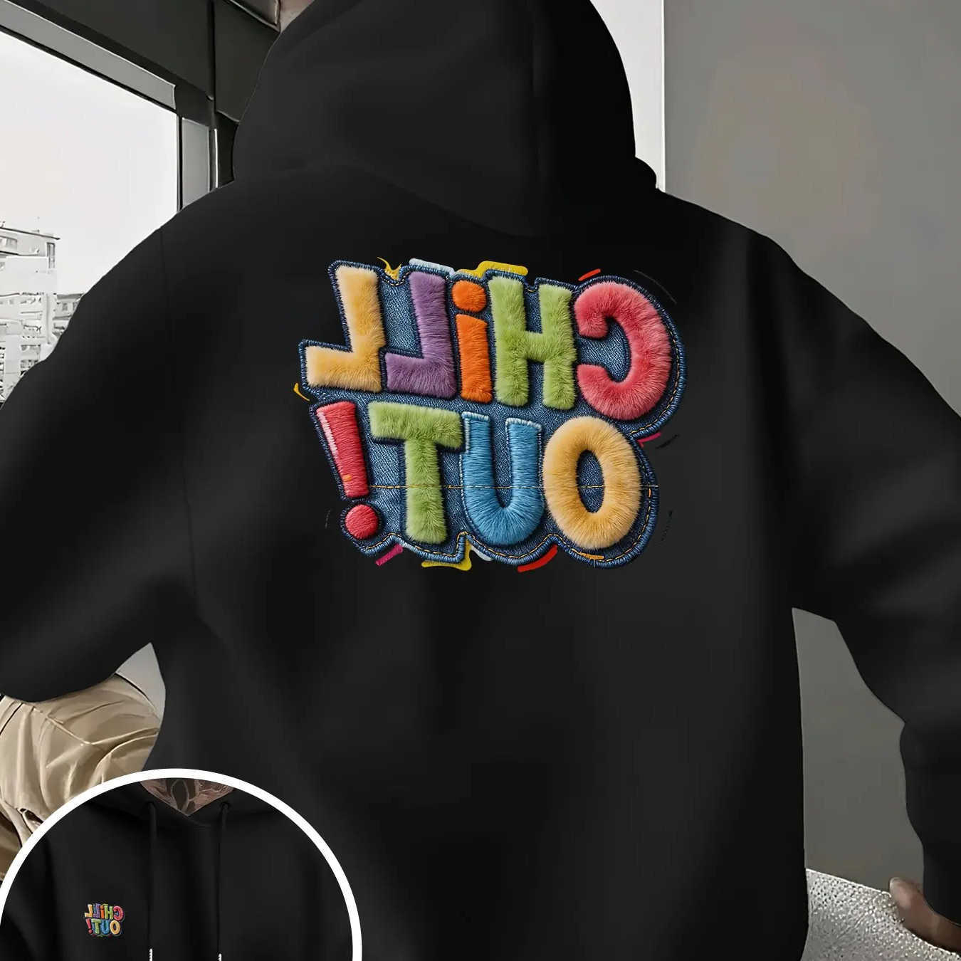 Men's Men's Hoodies Energetic Sweatshirts Slogan Graphic Hoodie Casual Plush Patch Letter Double-sided Print Loose Long-sleeved Sweatshirt
