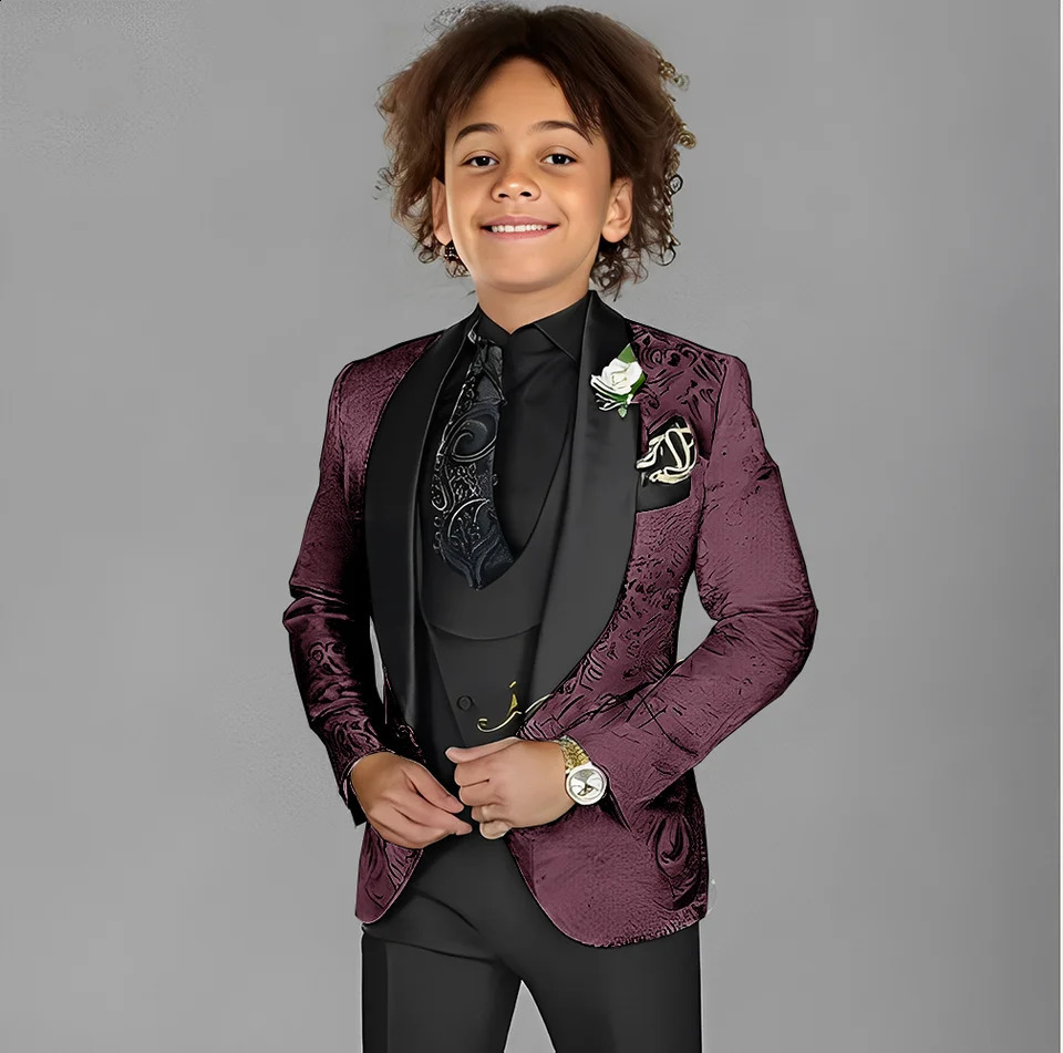 Abito da ragazzo jacquard Set da 3 pezzi Smoking da sposa per bambini Giacca da festa Pantaloni Gilet 2-16 anni Personalizzazione abito formale 2609