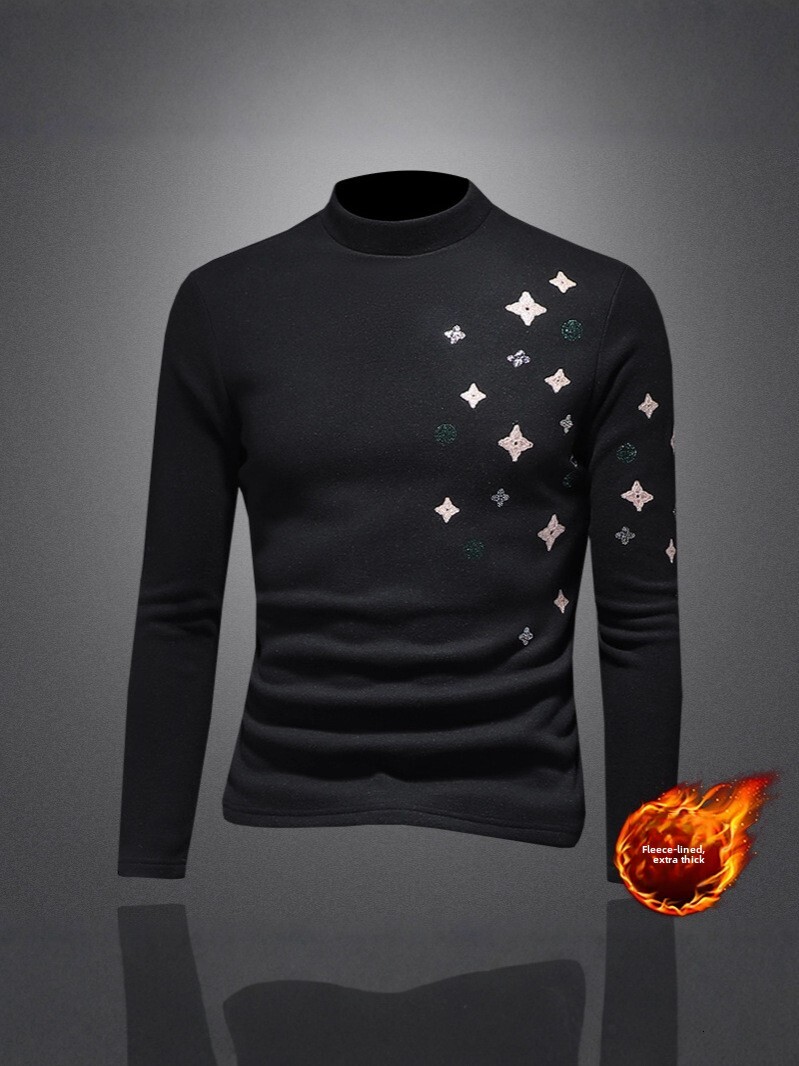 Autumn Winter New Men's Base Shirt Luxury High-Quality Half Turtleneck Embroidered Fleece Lined Thickened Top