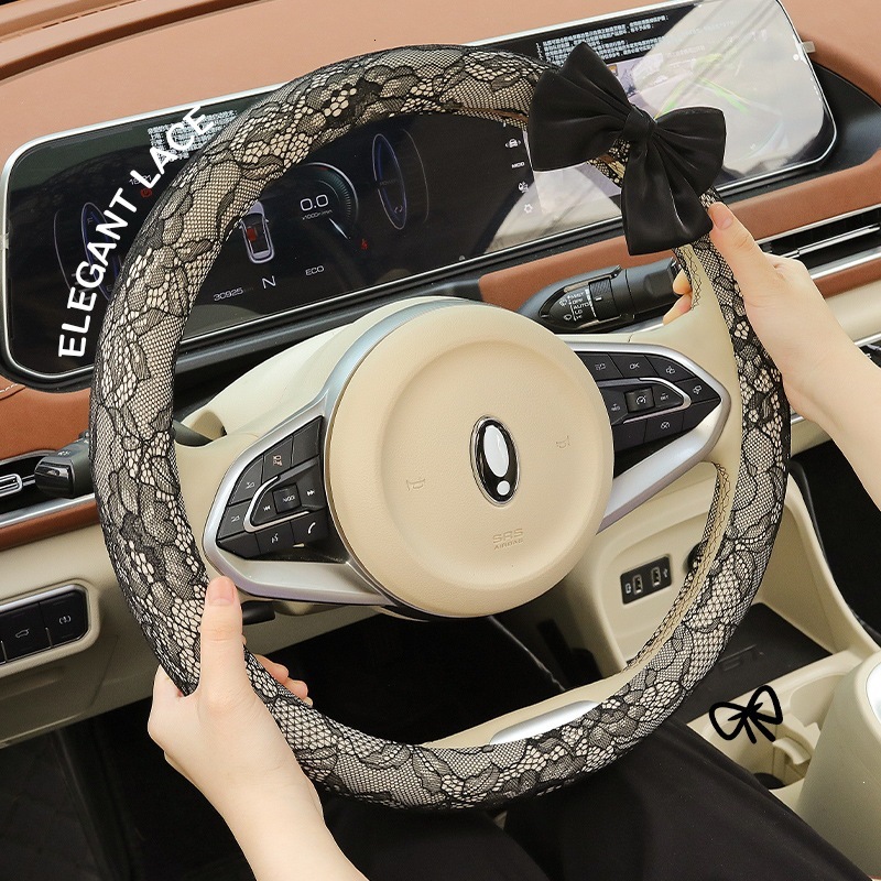 Car steering wheel cover, non-slip, breathable, suitable all seasons, with a bow design, ultra-thin, and decorative, ideal for summer use