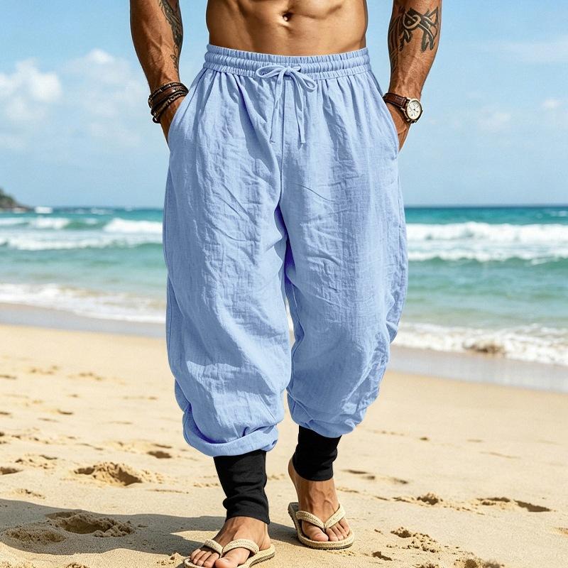 Designer Style 2026 New Linen Casual Jogger Pants Summer Breathable Drawstring Beach Vacation Color Block Loose Fit Long Trousers