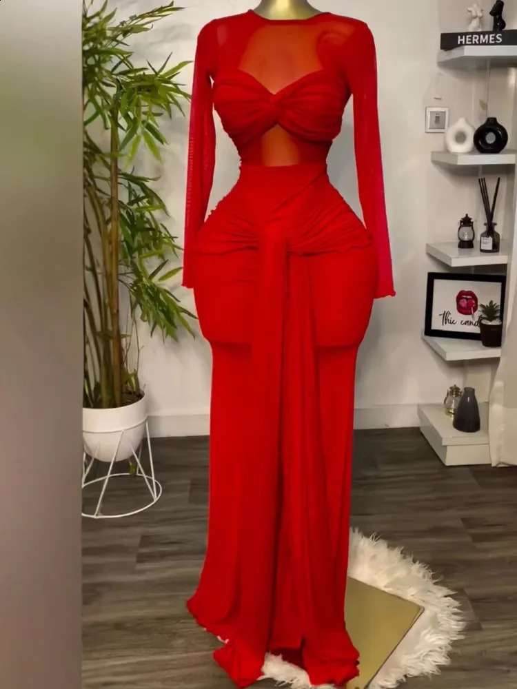 Women's Long Dresses Sexy Round Neck Full Sleeve High Waist Elegant Splice Bodycon Evening Vestidos Maxi Party Night Dress 260921
