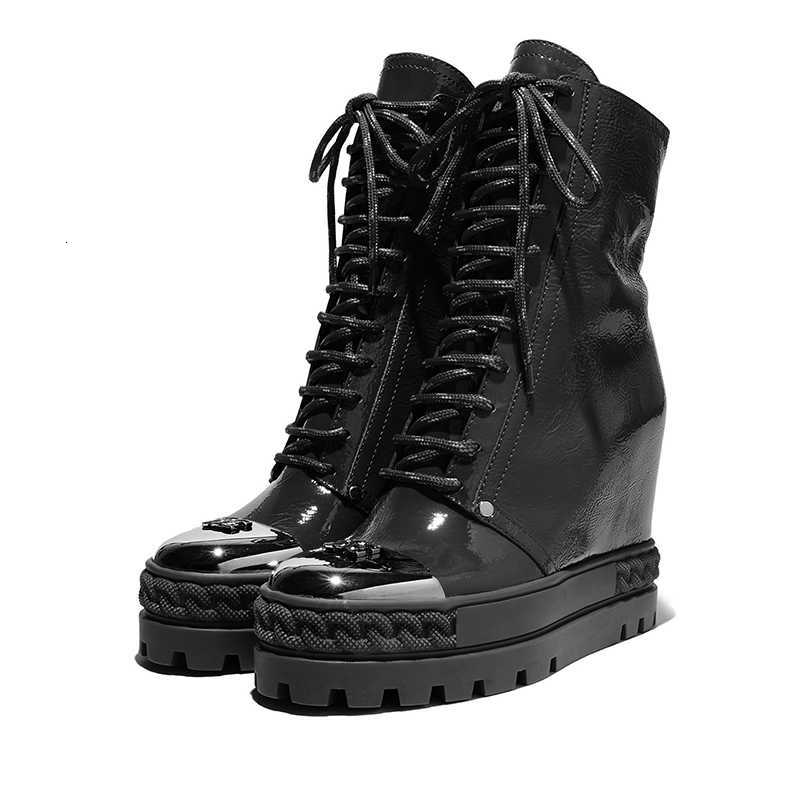 Botas con suela Plataforma gruesa negra Altura interior Botines aumentados Charol Punta redonda de metal Cremallera Botas romanas Zapatillas altas H