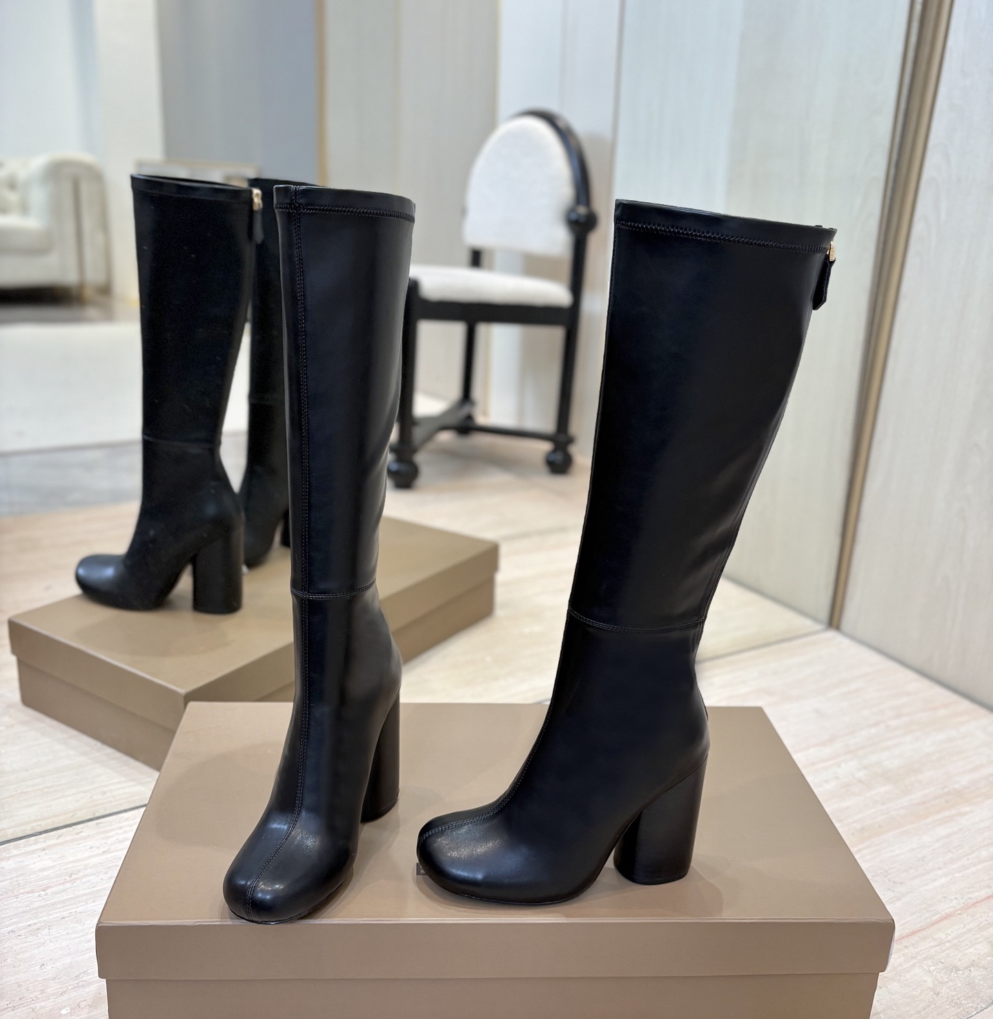 Luxury Dress Shoes Designer Custom Block High Heel Over The Knee Boots Chunky Heels Pointy Toes Wide Fit Calf Open Back Long Boot Females Size 41
