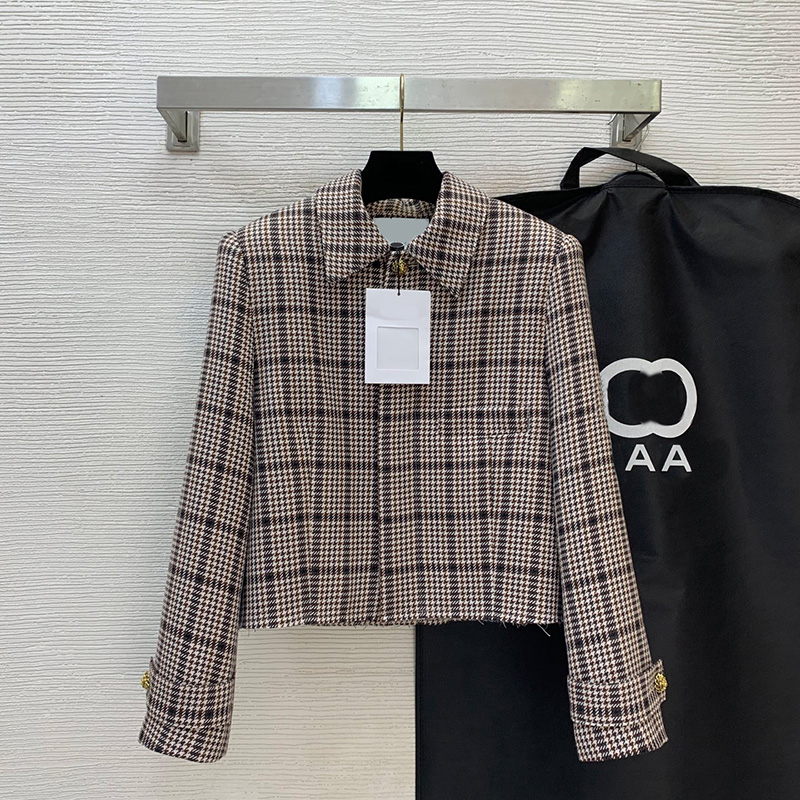 Chic Woman Elegant Cropped Jacket Long Sleeve Houndstooth Plaid Polo Coat Autumn Winter Date Vacation Party Office Wear