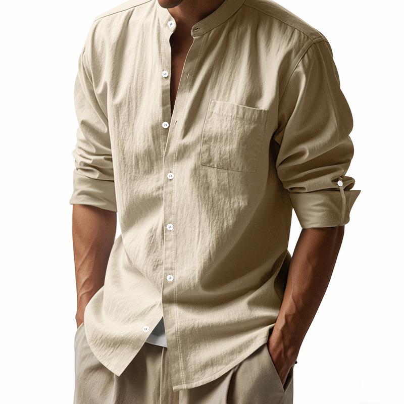 Men Casual Linen Look Stand Collar Shirts Long Sleeve Roll Tab Sleeve Single Chest Pocket Wrinkle Texture Lightweight Vacation Streetwear Tops Fo
