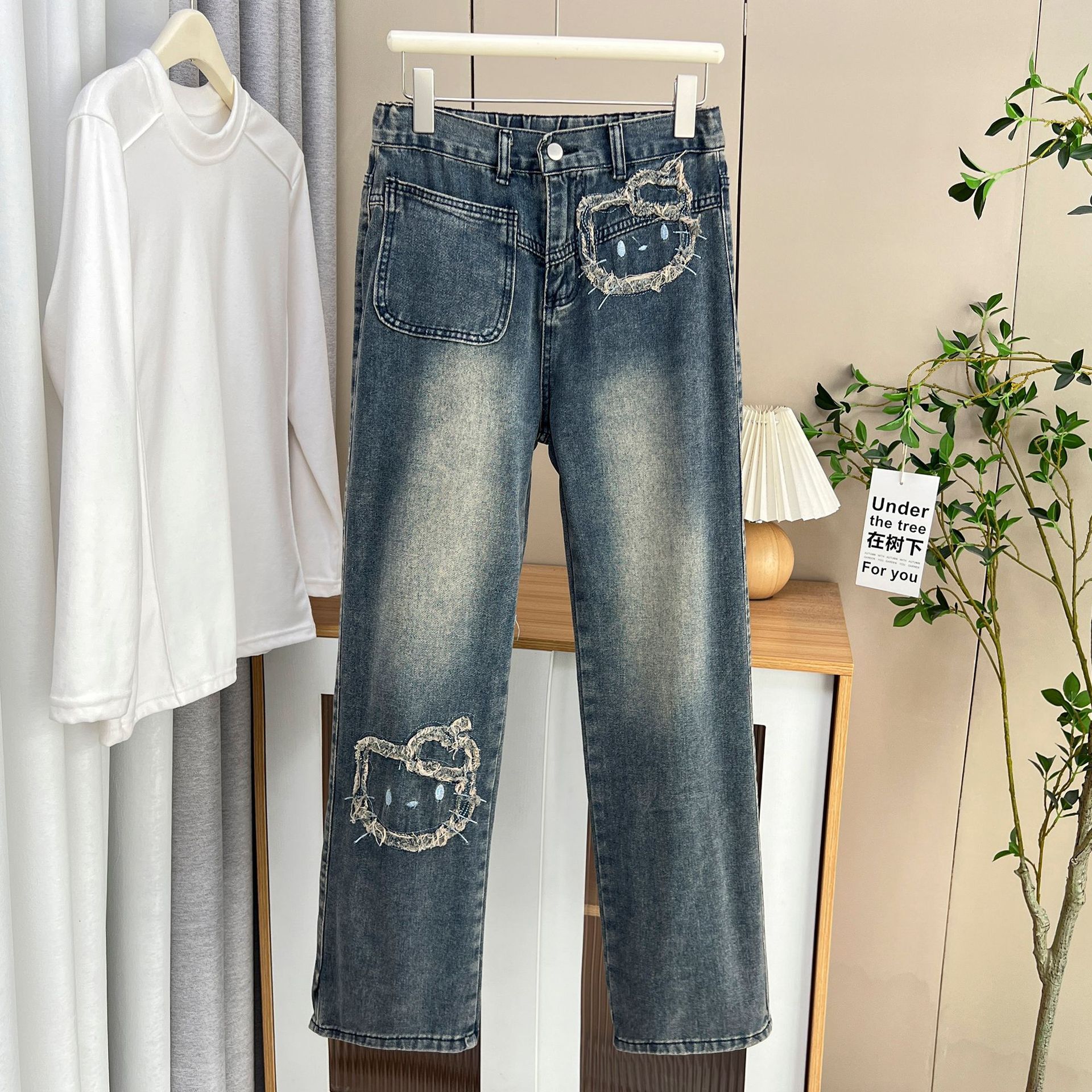 Plus-Size Jeans For Women, New Spring Collection, High-Waisted, Frayed Edges, Cartoon Straight-Leg Pants MAKOUFEI
