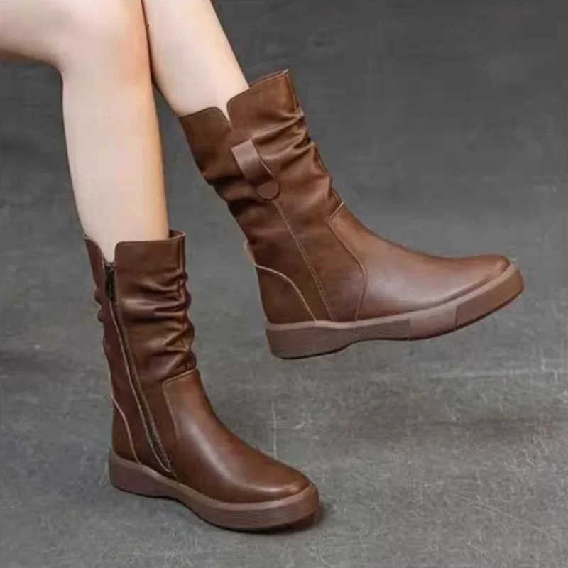 Boots Boots Women's Half High Autumn Winter 2025 Ladies Mid Calf Shoes Leather Spring Comfortable and Elegant Gyaru Hot New In Quality H260921