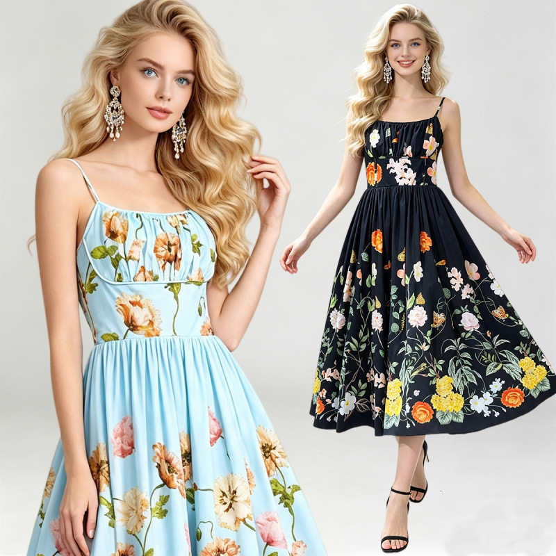 Summer New Women's High-Waisted Ruched Strap Slim Dress Ruched Flared Hem with Elastic Back A-Line Skirt