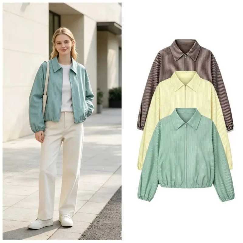 Autumn Women's Jackets Jackets Women's Striped Lapel Collar Long Sleeve Zipper Elasticity Hem Coats Casual Fashion Female Simple Outerwear