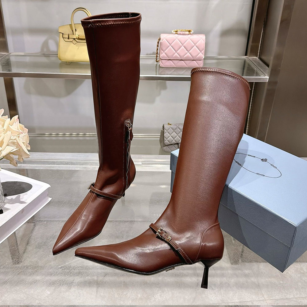 Stretch Nappa Leather Boots Womens Designer Knee Boot 1W649O Luxury With Logo Engraved Metal Buckle Knee High Boot Pointed Toes Autumn Winter Boot H