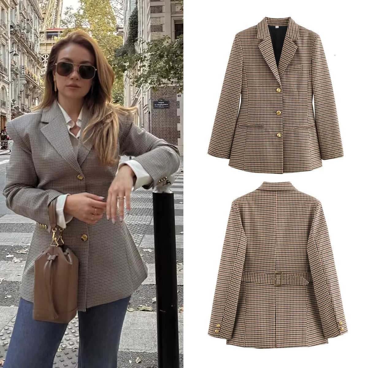 Women's Jackets Spring Summer Office Lady Houndstooth Women Blazer Plaid Long Sleeved Jacket Vintage Single Breasted Elegant Lady Blazer C26092