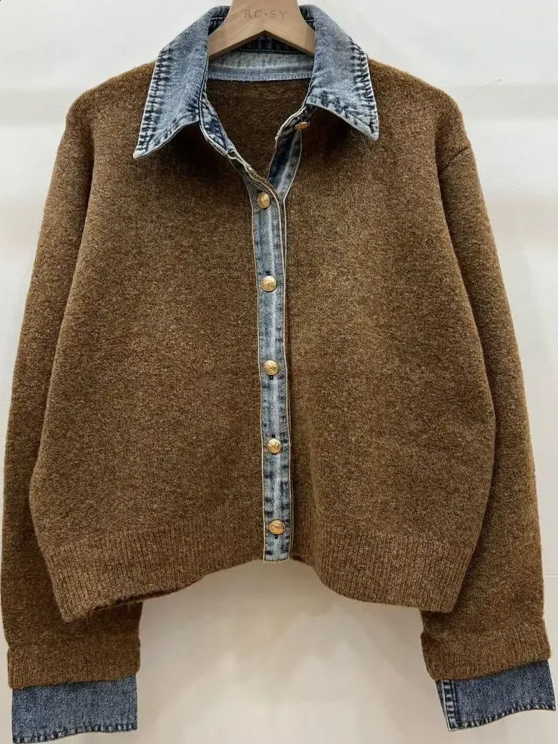Chic Denim Collar Stitching Twopiece Sweater Womens Cardigan Single Breasted Knitted Jacket Coat Female Outwear 260921