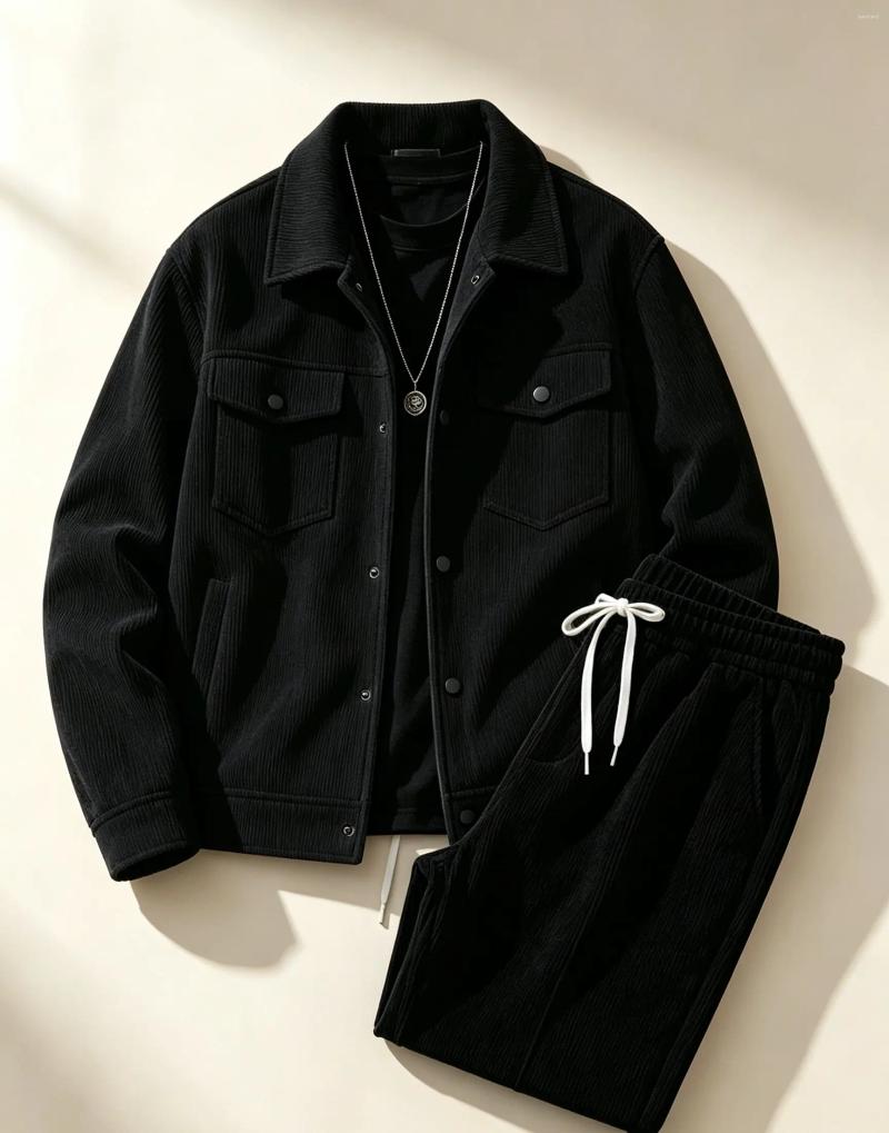 Men's Corduroy Jacket And Pants Set Solid Color Fashionable Casual Outfit For Shopping Spring/Autumn Wear