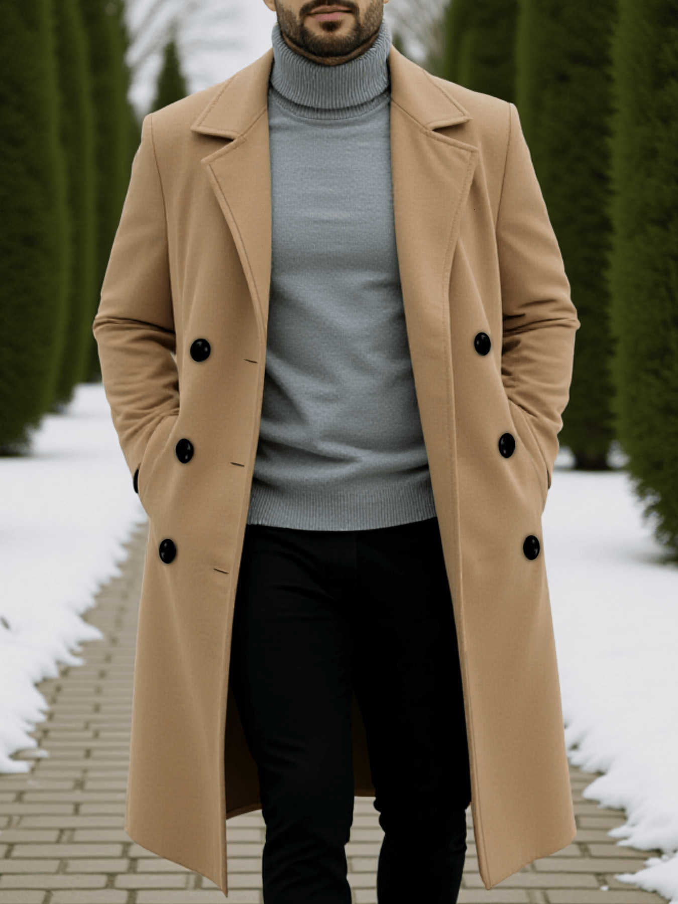 New Men's Wool Blends 2026 Men's Woolen Blend Coat Long Double Breasted Winter Overcoat Warm Windproof Male Fashion Streetwear D260921