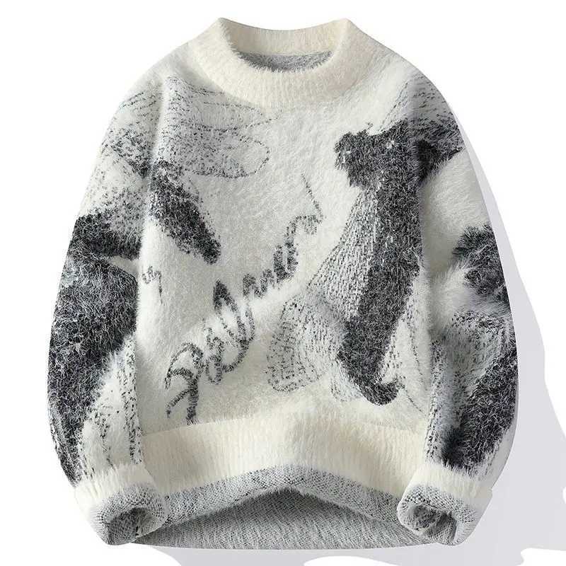 Vintage Contrasting Color Sweater Men's Casual Knitted Long Sleeved Bottom Printed Pullover Harajuku Half-high Collar Sweaters S260921NMEA