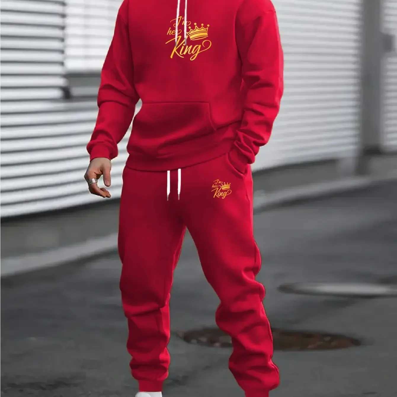king Men's Hoodies Sweatshirts 2026 letter printed sportswear set men's hooded sweatshirt long pants set spring and autumn winter warm sui