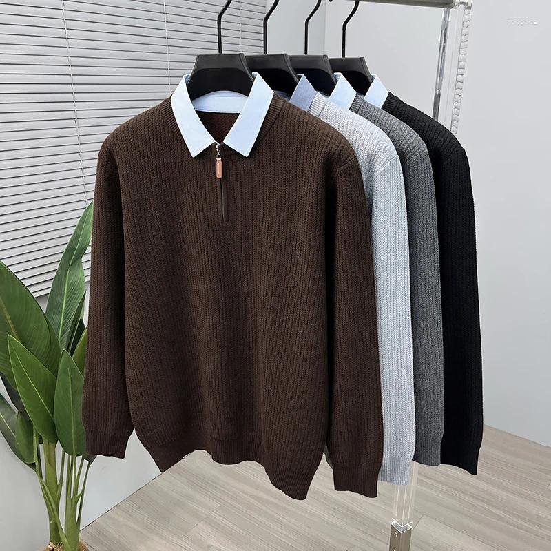 Trendy Fake Two Pieces Sweater Men Autumn Winter Shirt Collar Knitting Clothes Long Sleeve Zipper Knitwer Pullover Tops