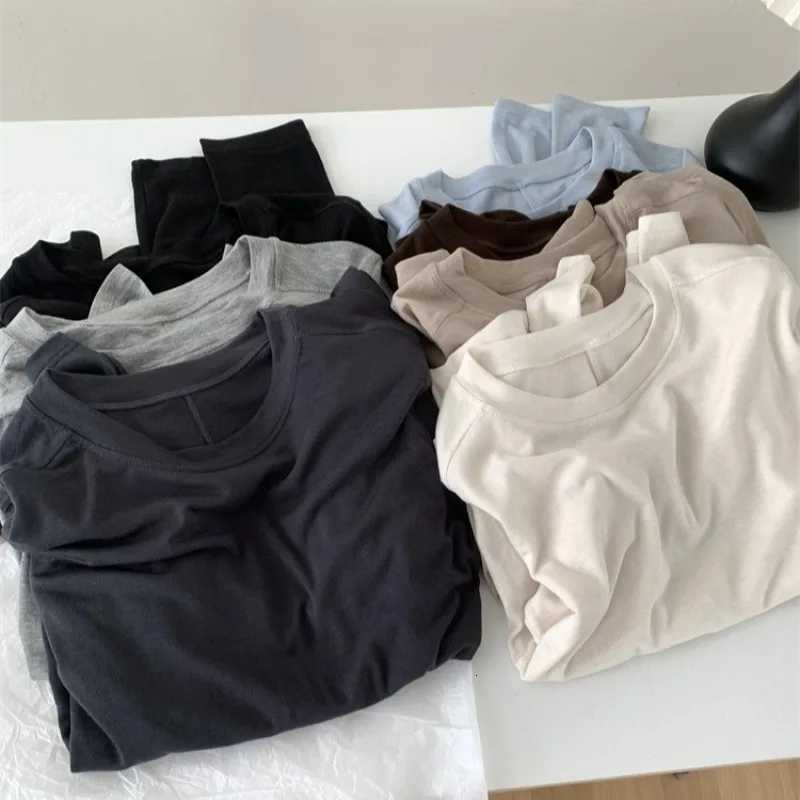 Women's T-Shirt Silk Wool Splice Long Sleeve T-shirt Women Spring Summer Thin Soft Waxy Fit Solid Color Backing Top Q260921