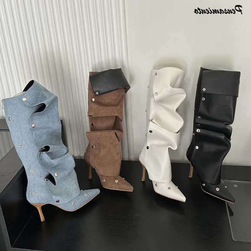 Autumn Boots Ins Winter Style Rivet Button Pleated Women Knee-high Boots Fashion Pointed Toe PU Leather Thin High Heels Boots Shoes H260921