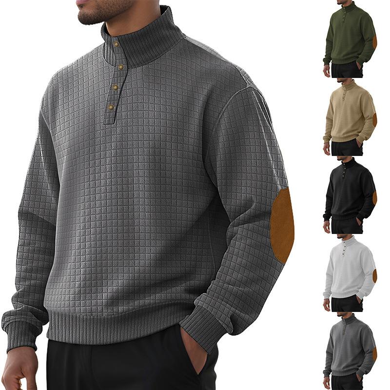 Pull à col montant en tricot gaufré pour hommes, patte de boutonnage partielle, patch au coude, manches longues, ourlet et poignets côtelés, haut
