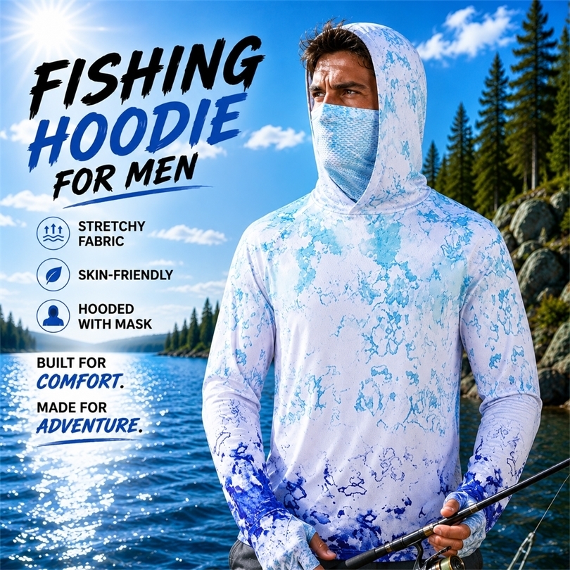 Men Summer Fishing Hoodie With Face Mask Thumb Holes Blue White TieDye Camo Print Quick Dry Sun Protection Shirt w260919