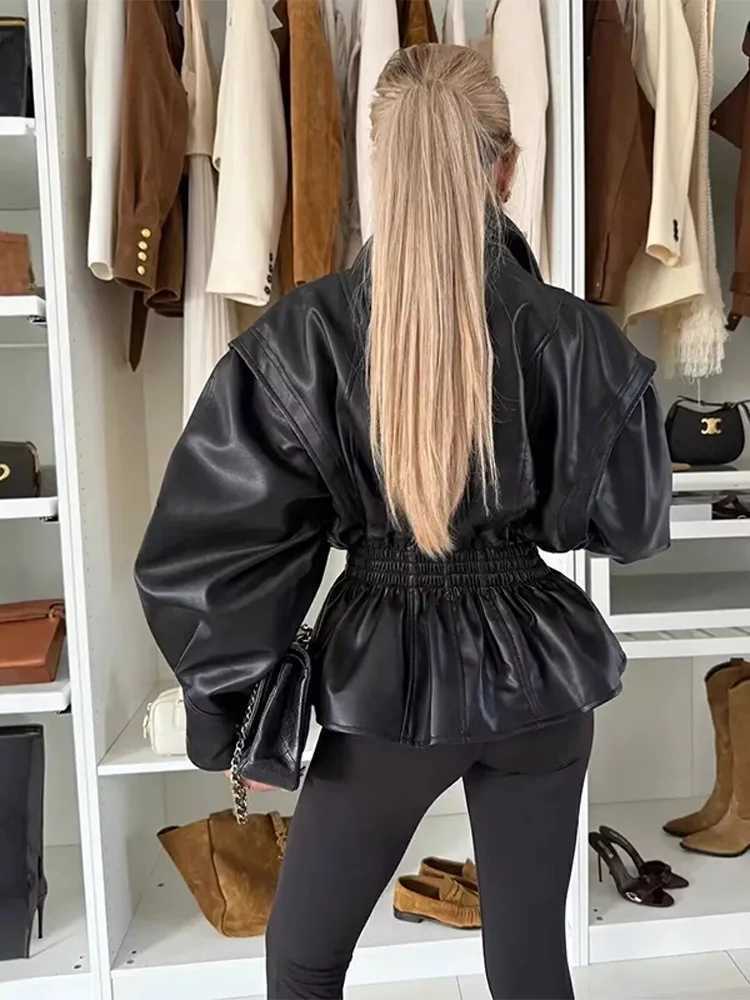 Jackets Turn-down Collar Women Women's Winter Faux Leather Coats 2025 Autumn Zipper Slim Female Long Sleeve Elastic Waist Jacket Cool Girls Coa