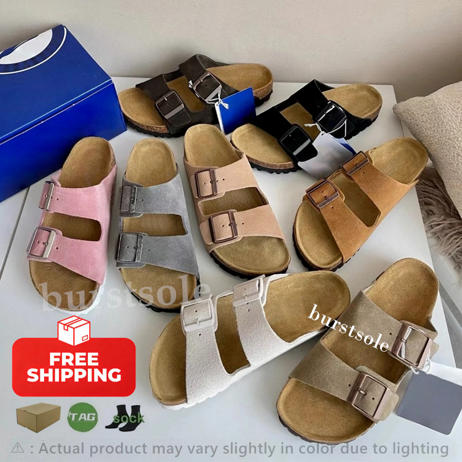 Design Casual Clogs slippers Clog Taupe Mocha Mink Black Genuine suede Leather Slide Boston Cork Flat antique brass buckle Women Men Sandals mules S