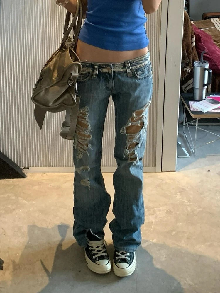 Women Streetwear Vintage Ripped Jeans 2026 Summer Hole n 2000s Boyfriend Denim Pants American Retro Casual Trousers 260922