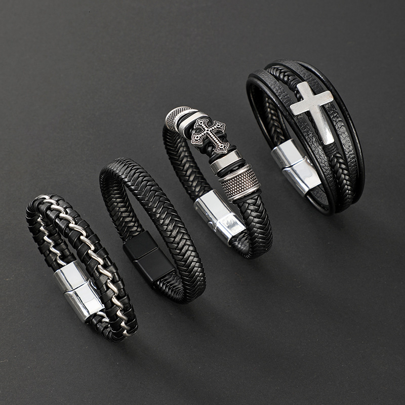Pulsera de cuero tejida cruzada de los hombres de moda de la hebilla del imán de la cadena de acero inoxidable caliente-venta