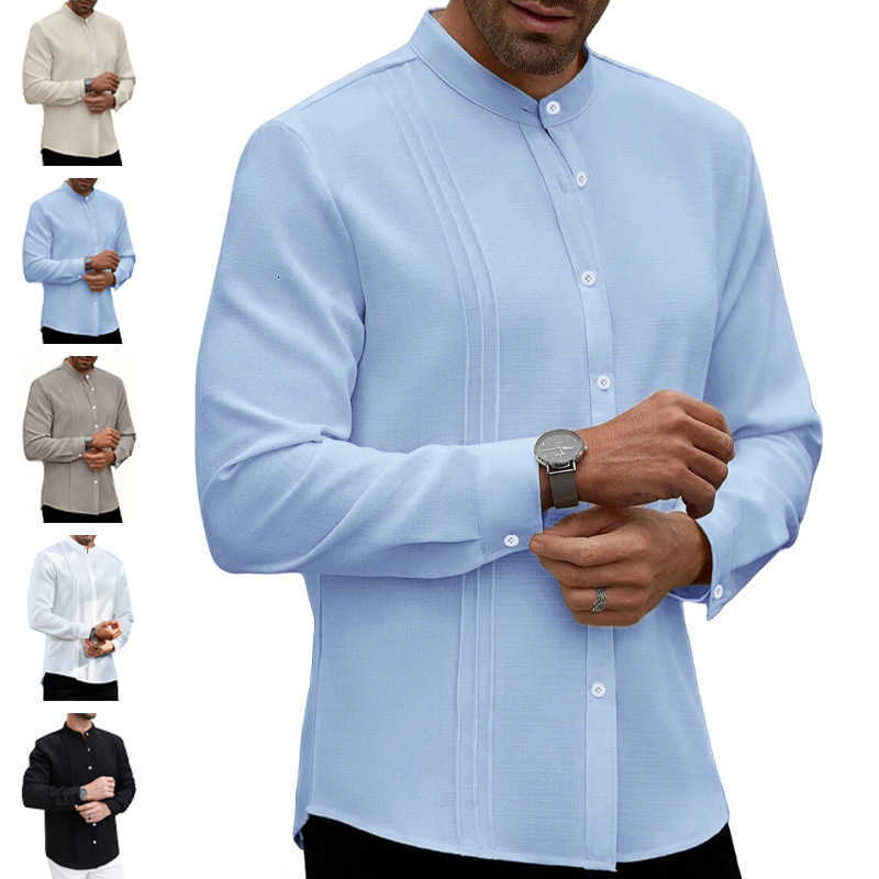 Striped Men's Spring Casual Shirts Long Sleeve Cardigan for Men Solid Stand Collar Open Shirt American Loose Casual Daily Outdoor Outerwear H26